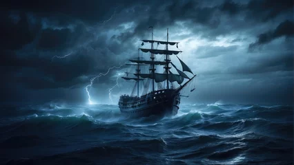 Fototapeten pirate ghost ship in the ocean at night in the storm © ahmudz