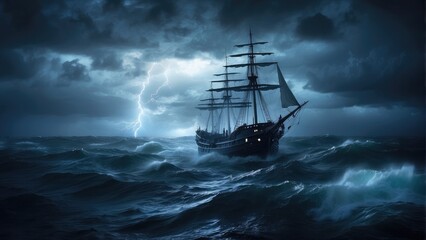 Fototapeta premium pirate ghost ship in the ocean at night in the storm