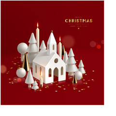 3D looking Christmas composition with porcelain church, white and gold trees and burning candles. 
