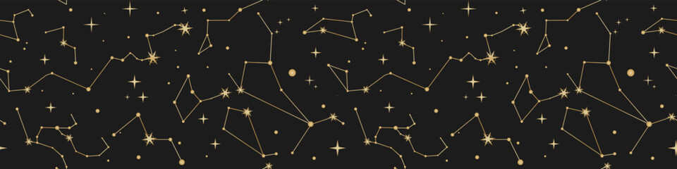Vector magic seamless pattern with constellations and stars. Mystical esoteric background for design of fabric, packaging, phone case and your design. Vector EPS 10 - obrazy, fototapety, plakaty