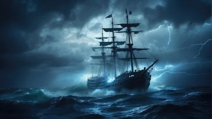 Zelfklevend Fotobehang pirate ghost ship in the ocean at night in the storm © ahmudz