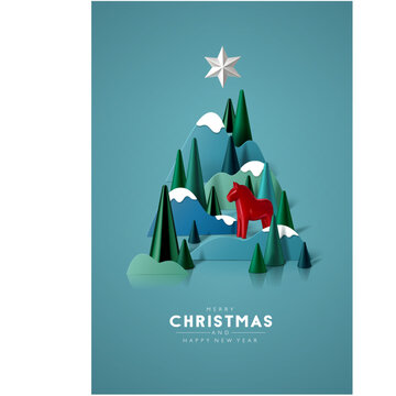 3D looking Christmas background with paper cutout mountains, cone trees and red Dala horse. Christmas tree composition. 