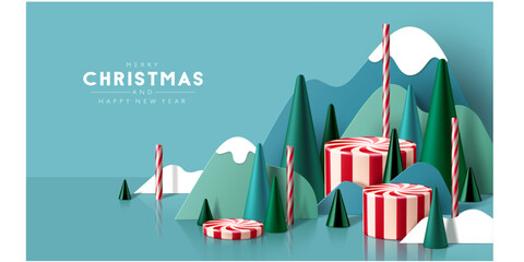 3D looking Christmas background with paper cutout mountains, cone trees, mint candies and candy canes. 