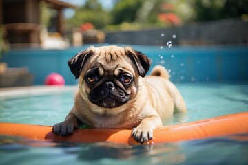 Funny pug dog swimming in a pool, orange float, macro photo, summer, fun pet