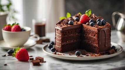 chocolate cake with strawberries and berries photo