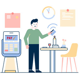 man makes contactless payments with a Phone, applying a gadget with an NFC chip to a POS terminal from the cafe.