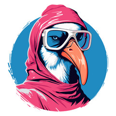 Flamingo wearing a ski mask illustration, isolated on transparent background.