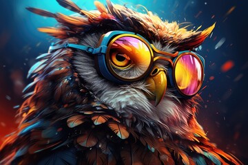 Colorful image of an owl wearing goggles