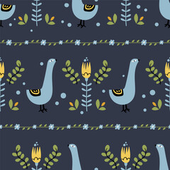Folk scandi seamless pattern - birds, leaves, flowers, branches in scandinavian nordic style, ethnic floral repeating motives on background for wrapping, textile, digital or scrapbook paper