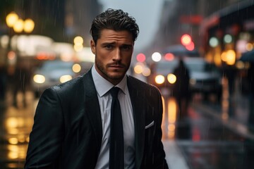 Fototapeta premium Businessman wearing Suit in Rainy City