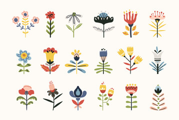 Folk flowers clip arts vector set in Scandinavian and Nordic style, hygge florals isolated designs on white. Collection of classic ethnic elements. Funny scandi folkloric botanical motifs © Maria Zamchiy 