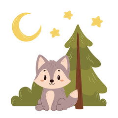 Vector cute hand-drawn poster with wolf
