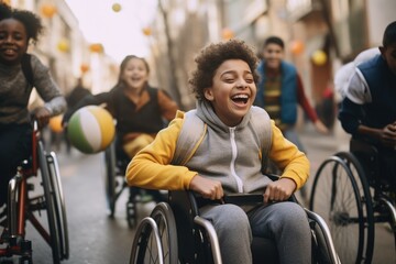 Children in Wheelchairs Enjoying a Game of Ball - obrazy, fototapety, plakaty