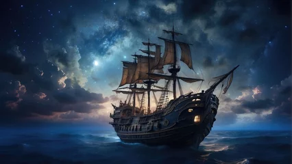 Foto op Canvas pirate ghost ship in the ocean at night in the storm © ahmudz