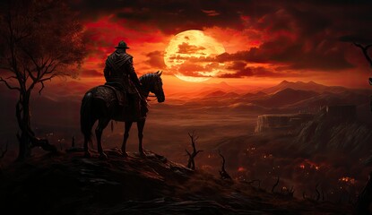 Fantasy horse rider on a hill at sunset with magical canyon in the wild west. 