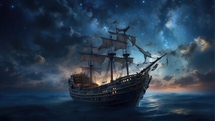 pirate ghost ship in the ocean at night in the storm