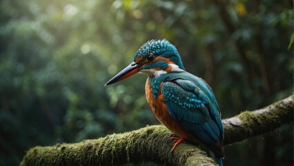 kingfisher on a tree branch in the forest background photo