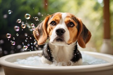a cute beagle dog puppy taking a bubble bath. Soap bubbles. Pet. Animal
