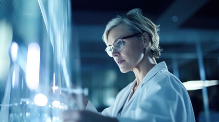 woman in lab coat examining test tube in modern laboratory - obrazy, fototapety, plakaty