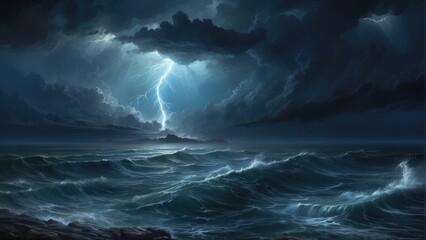 storm over the sea at night - obrazy, fototapety, plakaty