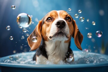 a cute beagle dog puppy taking a bubble bath. Soap bubbles. Pet. Animal. Blue background. - obrazy, fototapety, plakaty
