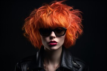 Fototapeta na wymiar Portrait of a young rebellious woman with red hair wearing sunglasses and leather jacket with intense lipstick
