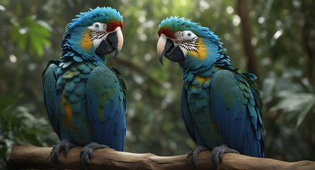 Two macaw parrots in the jungle generated by ai