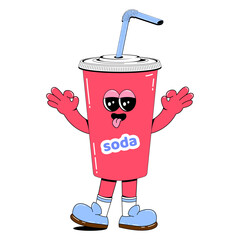 Cute soda character. Paper glass with lid and straw. Soda mascot with arms, legs and a cute face.