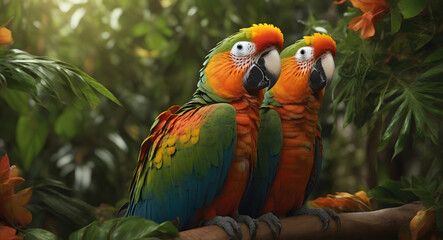 Two macaw parrots in the jungle - obrazy, fototapety, plakaty