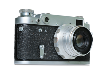 Retro photo camera isolated on white background, front view, retro things concept