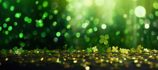 St. Patrick's Day clover confetti with green bokeh - obrazy, fototapety, plakaty