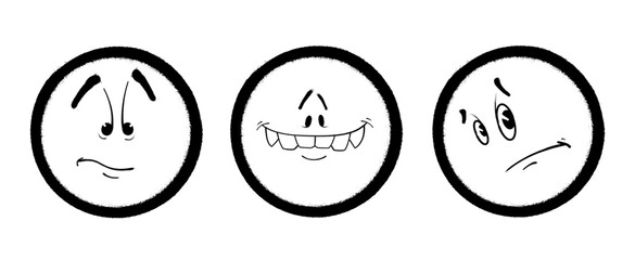 Three graffiti emoticons. Smiling face painted spray paint. Vector illustration on white background