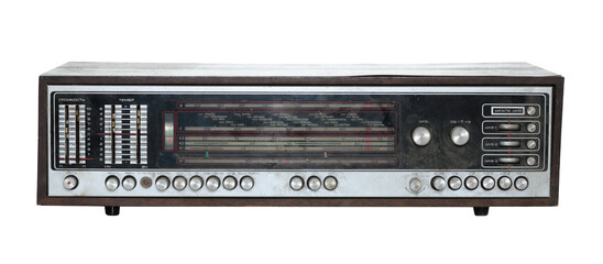 Retro old radio with dirty and dust of time, isolated on white background, front view, retro things concept
