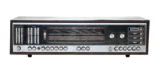 Retro old radio with dirty and dust of time, isolated on white background, front view, retro things concept