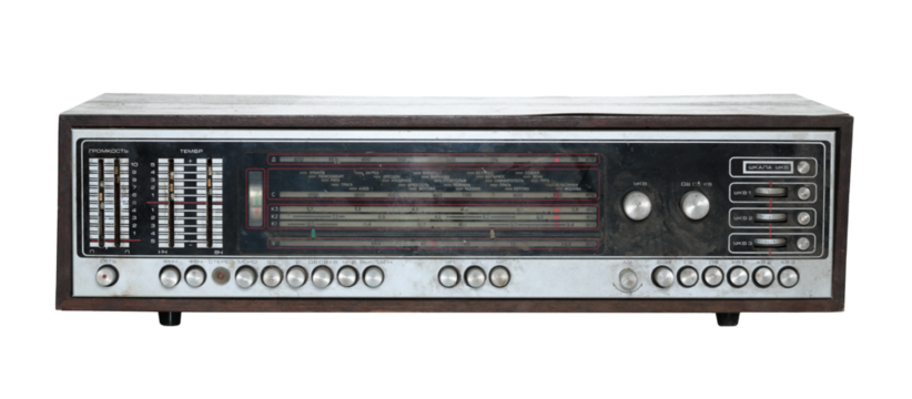 Retro old radio with dirty and dust of time, isolated on white background, front view, retro things concept