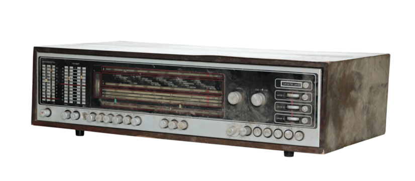 Retro old radio with dirty and dust of time, isolated on white background, front view, retro things concept