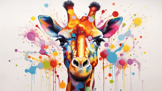 a colorful and whimsical portrayal of a curious giraffe, its long neck and distinctive spots depicted in playful colors on a pristine white canvas, reflecting the gentle nature of these tall animals.