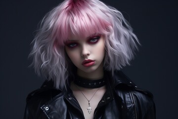 Portrait of a teenager with pink hair and bored expression wearing leather collar and jacket