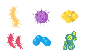 Bacteria and germs colorful set, micro-organisms disease-causing objects, different types, bacteria, viruses, fungi, protozoa. Vector flat microbe. Bactery cell cancer germ, viruses, fungi, probiotic.