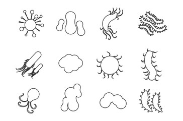 Bacteria and germs colorful set, micro-organisms disease-causing objects, different types, bacteria, viruses, fungi, protozoa. Vector flat microbe. Bactery cell cancer germ, viruses, fungi, probiotic.