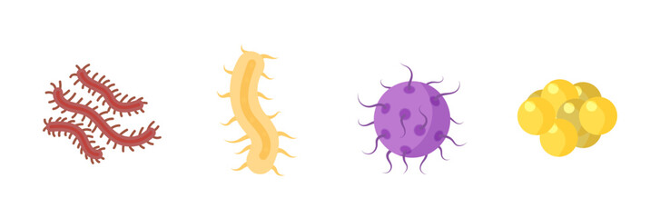 Bacteria and germs colorful set, micro-organisms disease-causing objects, different types, bacteria, viruses, fungi, protozoa. Vector flat microbe. Bactery cell cancer germ, viruses, fungi, probiotic. - obrazy, fototapety, plakaty