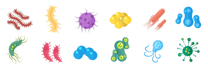 Bacteria and germs colorful set, micro-organisms disease-causing objects, different types, bacteria, viruses, fungi, protozoa. Vector flat microbe. Bactery cell cancer germ, viruses, fungi, probiotic. - obrazy, fototapety, plakaty