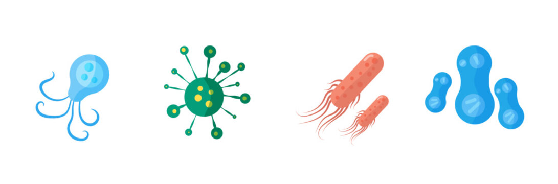 Bacteria and germs colorful set, micro-organisms disease-causing objects, different types, bacteria, viruses, fungi, protozoa. Vector flat microbe. Bactery cell cancer germ, viruses, fungi, probiotic.