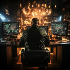 Obraz premium Frontal view of an expert analyzing cyber attacks: Shows response and defense against security breaches.