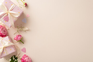 Cupid's Canvas: Top-view perspective of Valentine's magic—gift boxes, pink roses, gypsophila, heart-shaped confetti—all set against a pastel beige canvas, inviting your personal touch