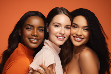 tres mujeres modelos jovenes de distintas razas, posando abrazadas sobre fondo naranja - obrazy, fototapety, plakaty