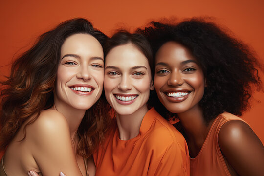tres mujeres modelos jovenes de distintas razas, posando sobre fondo naranja
