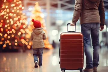 father and child with travel suitcase on christmas - obrazy, fototapety, plakaty