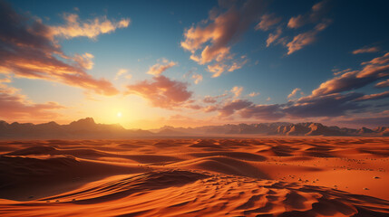 An epic aerial shot of a vast desert landscape, with endless dunes stretching into the horizon. Generative ai.