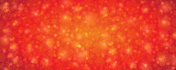 Red Christmas banner with snowflakes and bokeh. Merry Christmas and Happy New Year greeting banner. Horizontal new year background, headers, posters, cards, website. Vector illustration